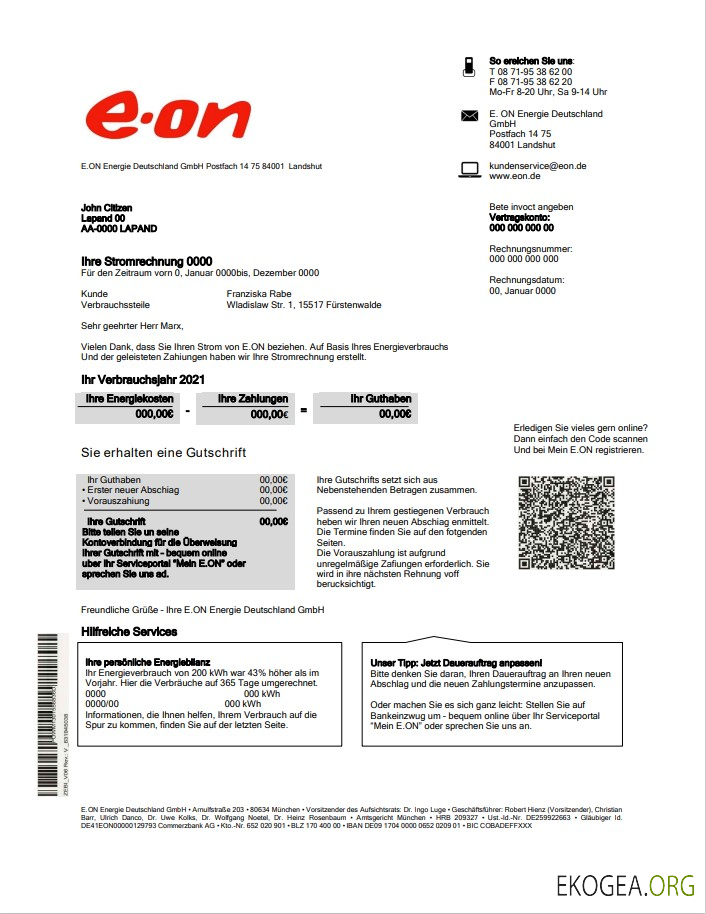 Germany E.ON Energie electricity utility bill